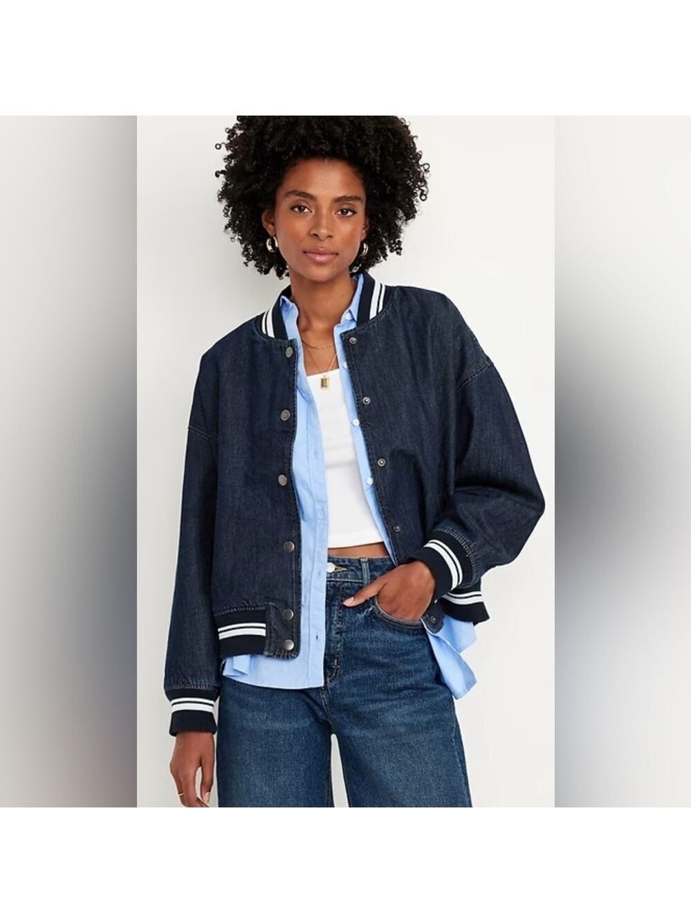 Old Navy Dark Wash Denim Letterman Back To School Bomber Jean Jacket Coat New